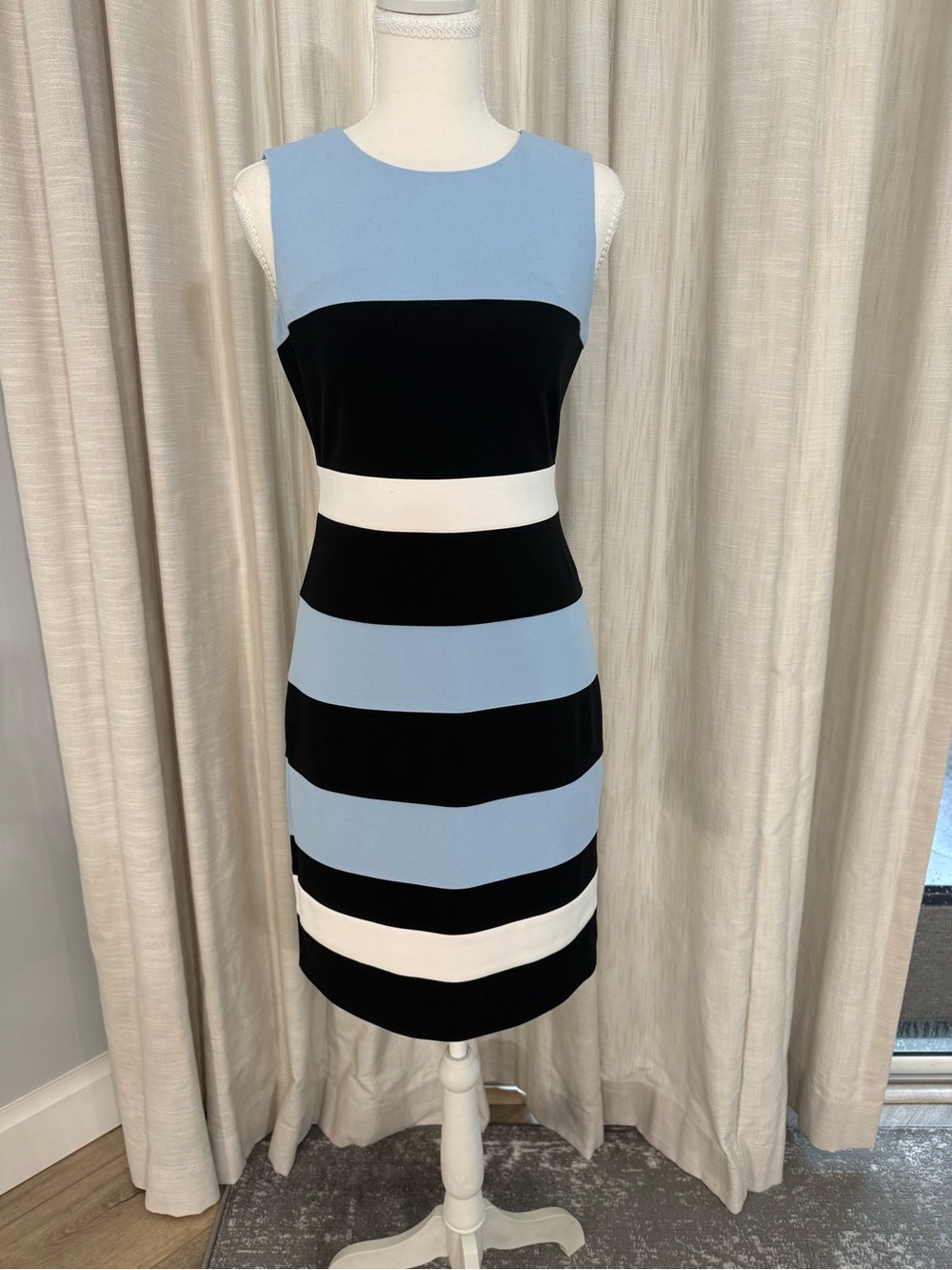Tommy Hilfiger Sleeveless Black, Light Blue & White Striped Midi Dress